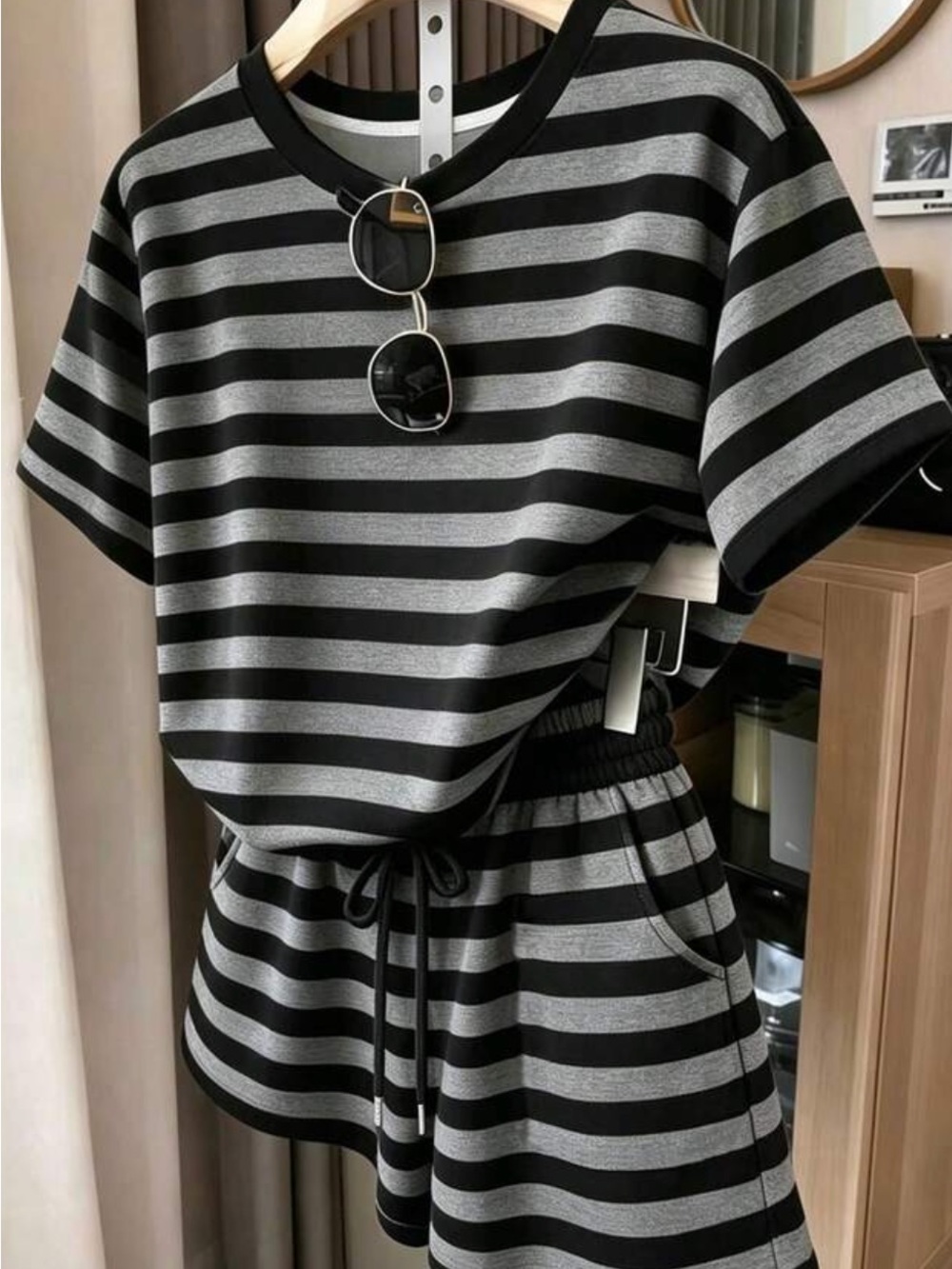 SHEIN Black and Gray Striped Short Sleeve Tee
